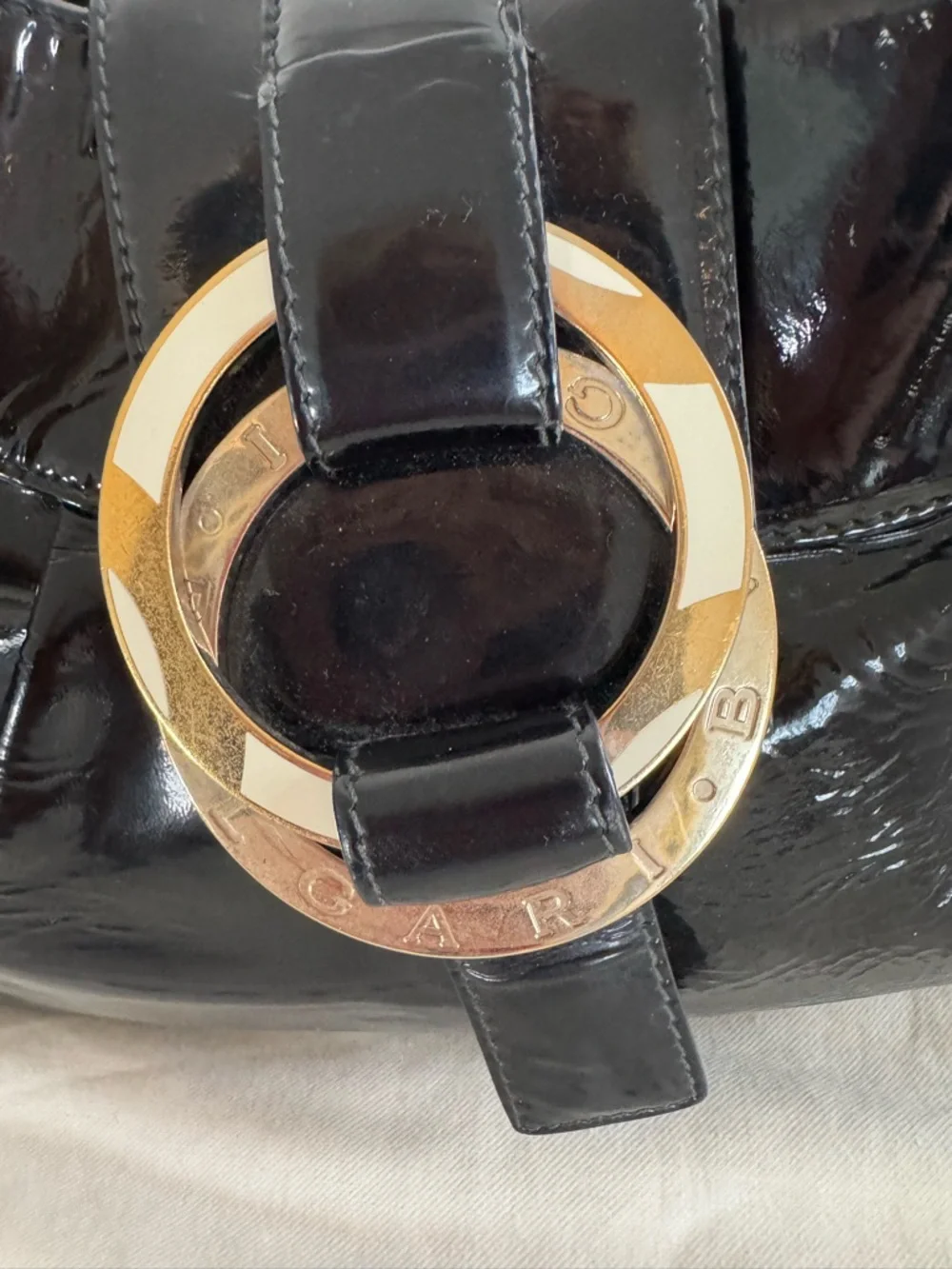 Bvlgari Chandra Black Patent Leather Hobo Bag with Gold Ring Hardware with COA